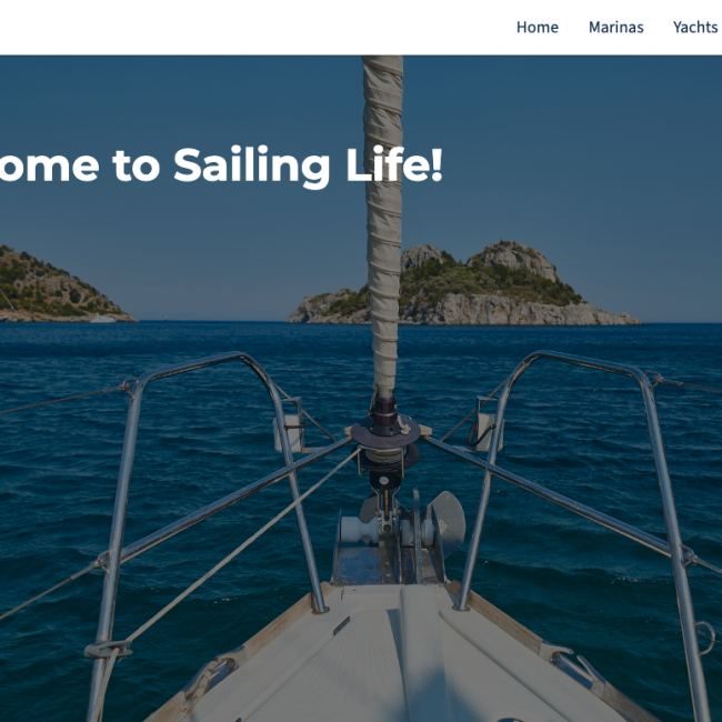 Screen shot of the Sailing Life website showing the bow of a yacht anchored in a bay of blue water.